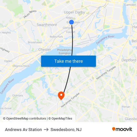 Andrews Av Station to Swedesboro, NJ map