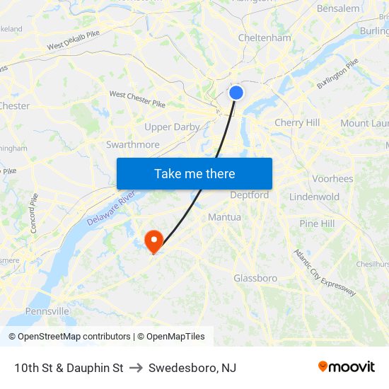 10th St & Dauphin St to Swedesboro, NJ map