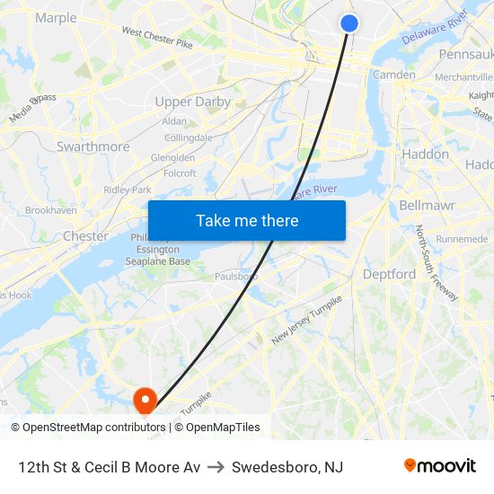 12th St & Cecil B Moore Av to Swedesboro, NJ map