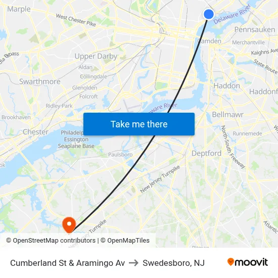 Cumberland St & Aramingo Av to Swedesboro, NJ map