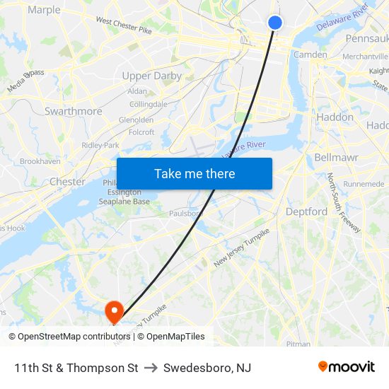 11th St & Thompson St to Swedesboro, NJ map