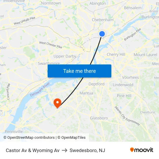 Castor Av & Wyoming Av to Swedesboro, NJ map