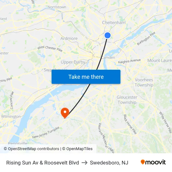Rising Sun Av & Roosevelt Blvd to Swedesboro, NJ map