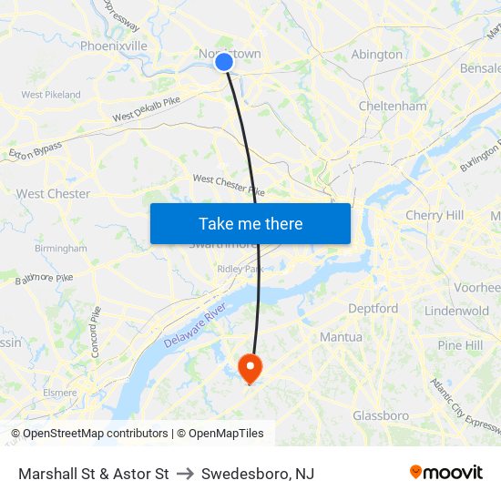 Marshall St & Astor St to Swedesboro, NJ map