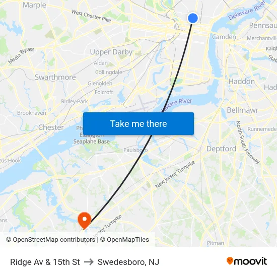 Ridge Av & 15th St to Swedesboro, NJ map