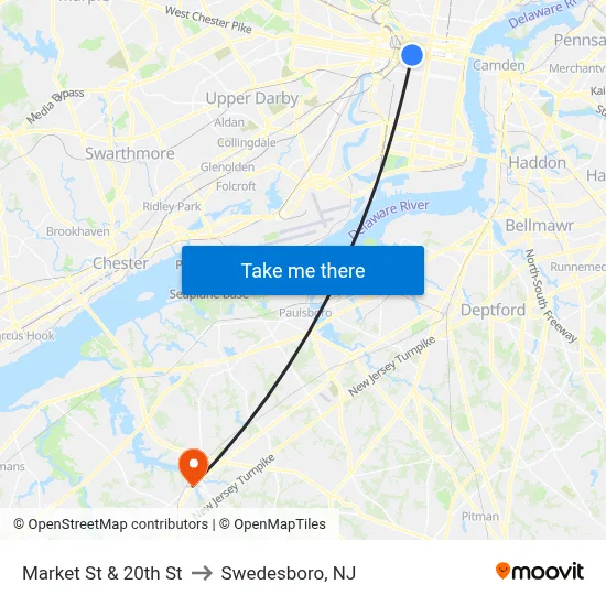 Market St & 20th St to Swedesboro, NJ map