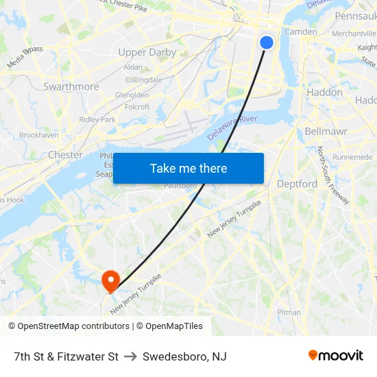 7th St & Fitzwater St to Swedesboro, NJ map