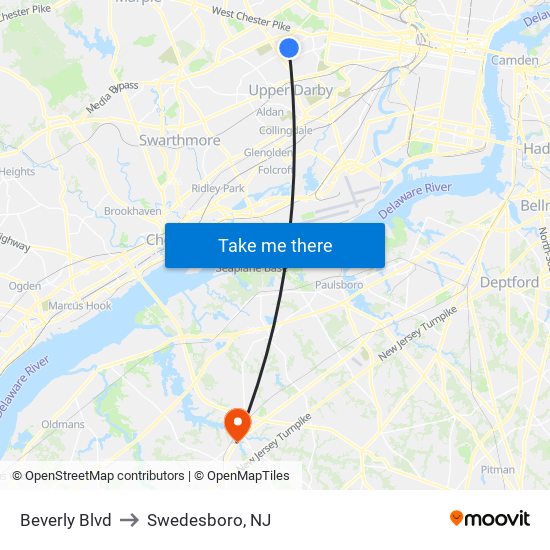 Beverly Blvd to Swedesboro, NJ map
