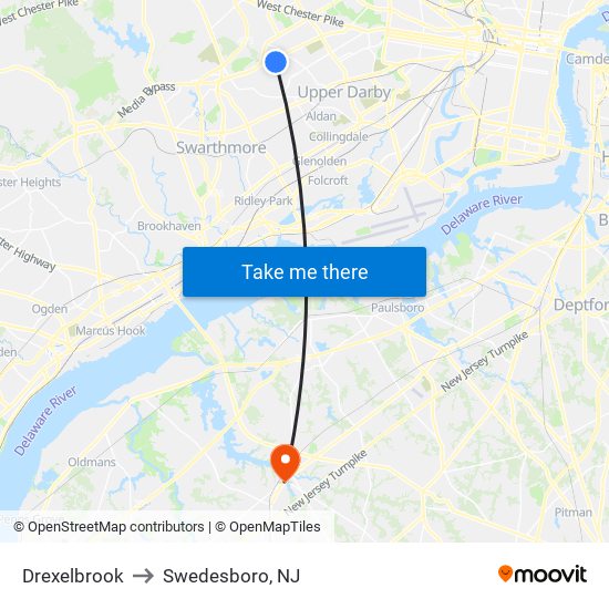 Drexelbrook to Swedesboro, NJ map