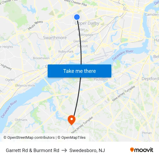 Garrett Rd & Burmont Rd to Swedesboro, NJ map