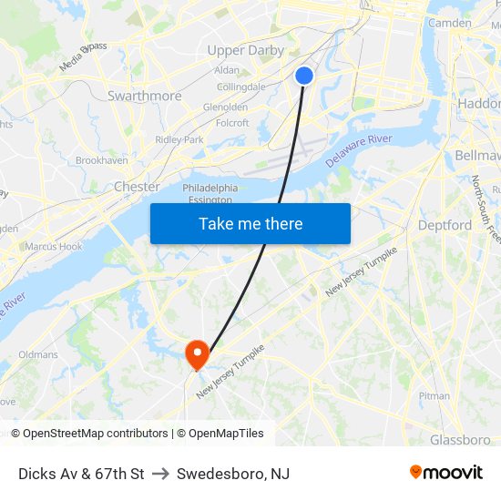 Dicks Av & 67th St to Swedesboro, NJ map