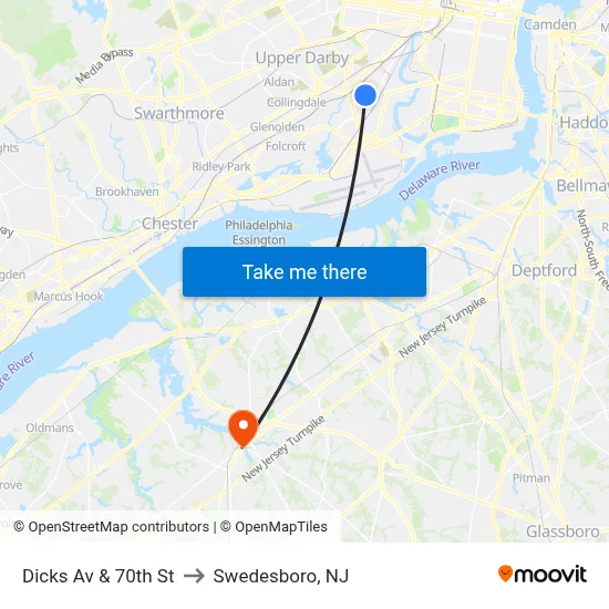 Dicks Av & 70th St to Swedesboro, NJ map