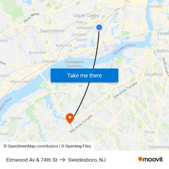 Elmwood Av & 74th St to Swedesboro, NJ map