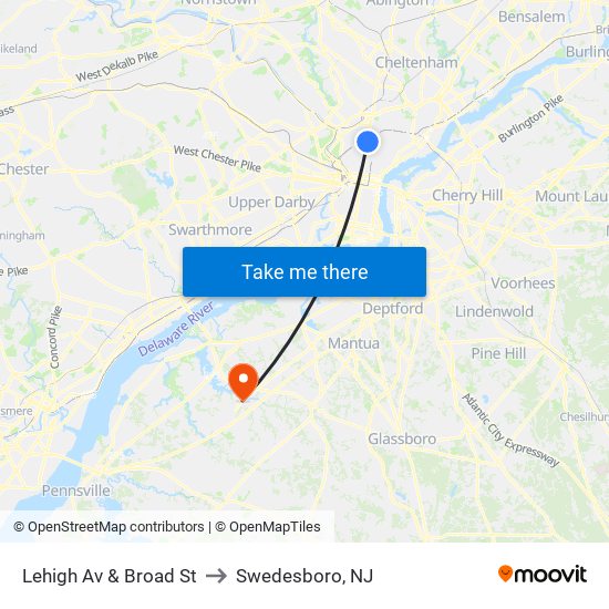 Lehigh Av & Broad St to Swedesboro, NJ map