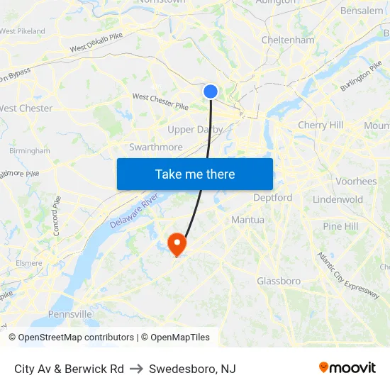 City Av & Berwick Rd to Swedesboro, NJ map