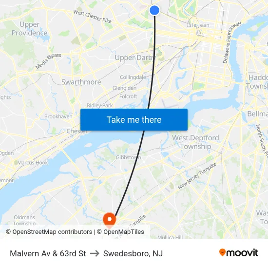 Malvern Av & 63rd St to Swedesboro, NJ map