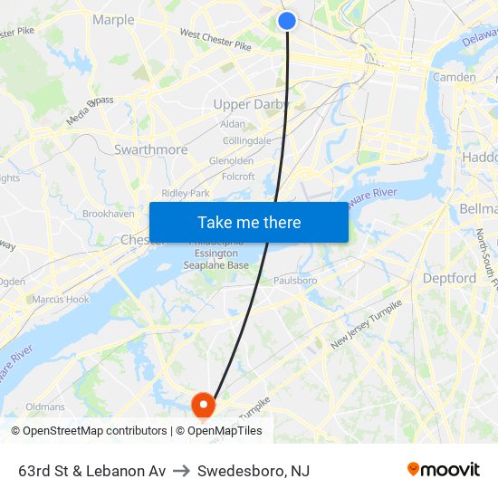 63rd St & Lebanon Av to Swedesboro, NJ map