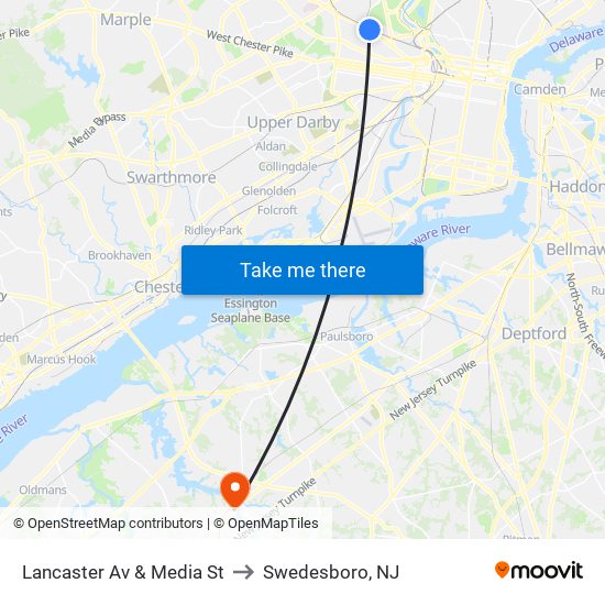 Lancaster Av & Media St to Swedesboro, NJ map