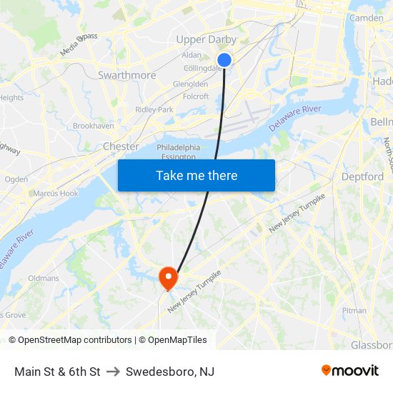 Main St & 6th St to Swedesboro, NJ map