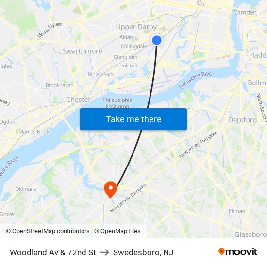Woodland Av & 72nd St to Swedesboro, NJ map