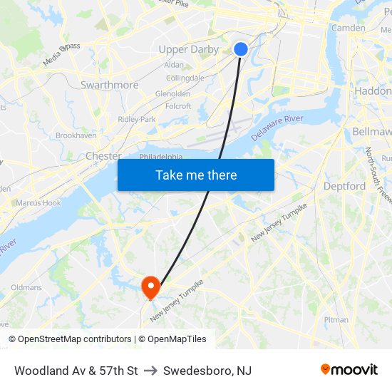 Woodland Av & 57th St to Swedesboro, NJ map