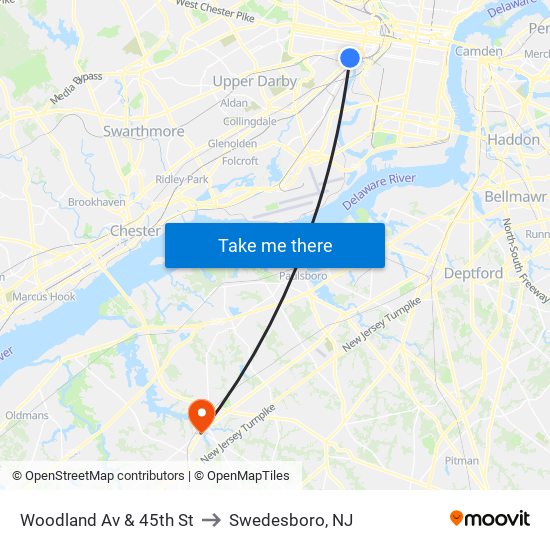 Woodland Av & 45th St to Swedesboro, NJ map