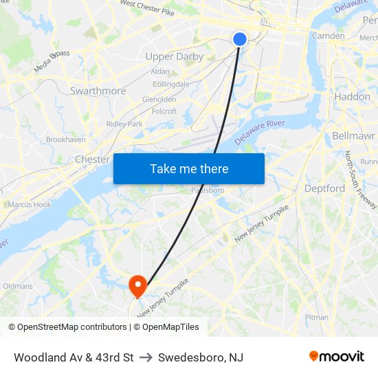 Woodland Av & 43rd St to Swedesboro, NJ map