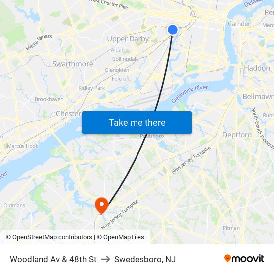 Woodland Av & 48th St to Swedesboro, NJ map
