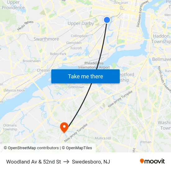 Woodland Av & 52nd St to Swedesboro, NJ map