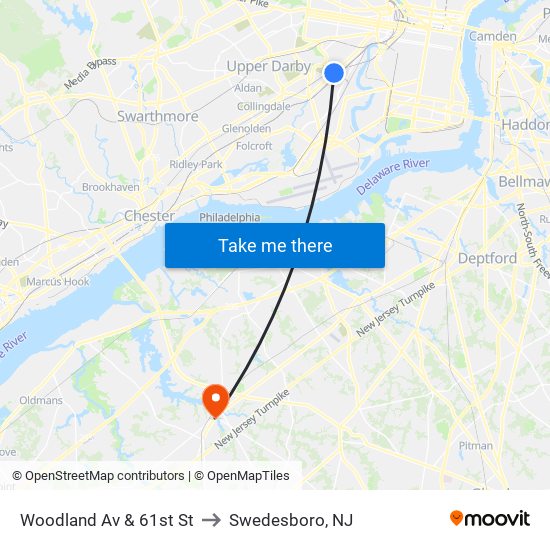 Woodland Av & 61st St to Swedesboro, NJ map