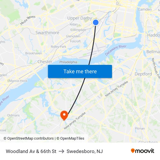 Woodland Av & 66th St to Swedesboro, NJ map