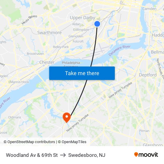 Woodland Av & 69th St to Swedesboro, NJ map