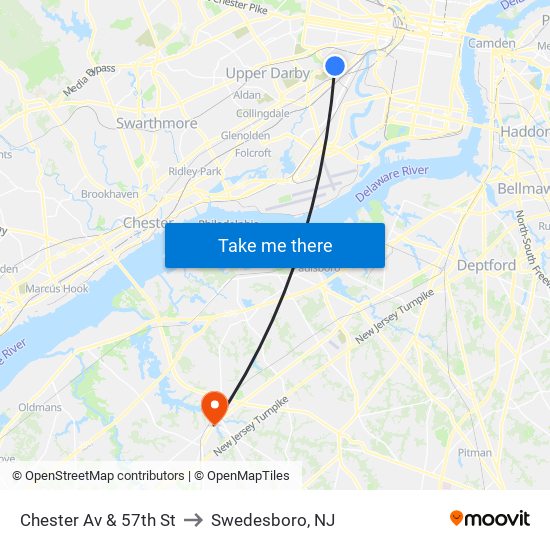 Chester Av & 57th St to Swedesboro, NJ map