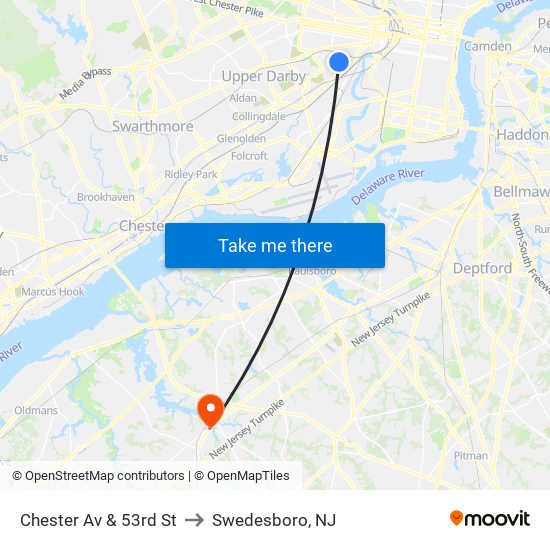 Chester Av & 53rd St to Swedesboro, NJ map