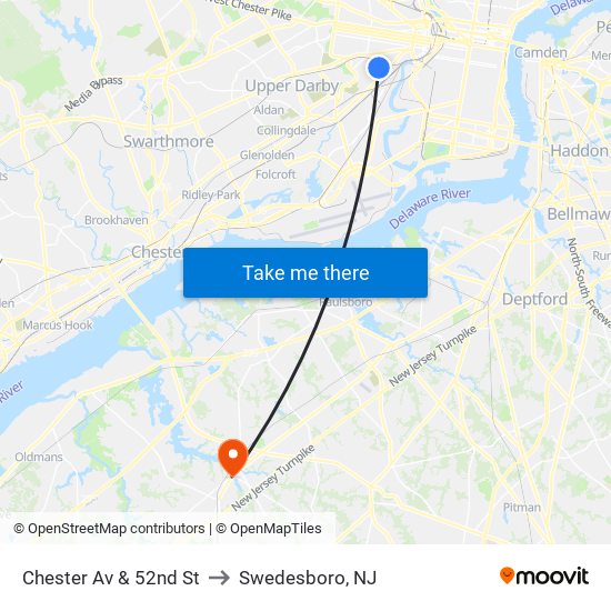Chester Av & 52nd St to Swedesboro, NJ map