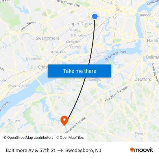 Baltimore Av & 57th St to Swedesboro, NJ map