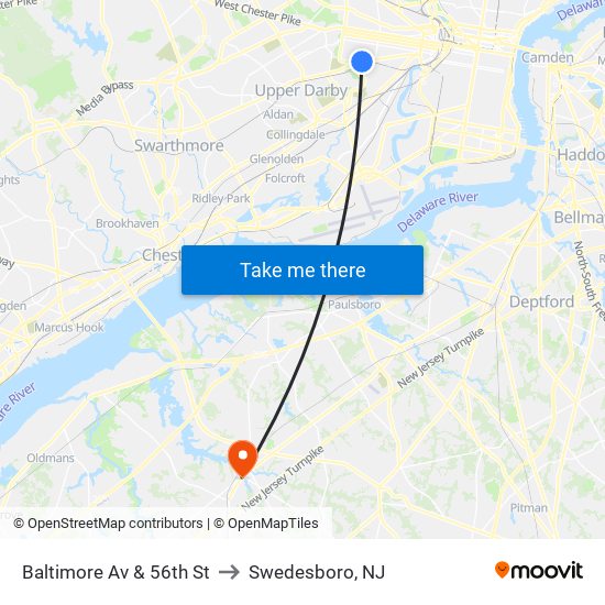 Baltimore Av & 56th St to Swedesboro, NJ map