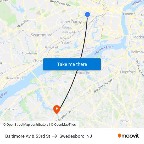 Baltimore Av & 53rd St to Swedesboro, NJ map