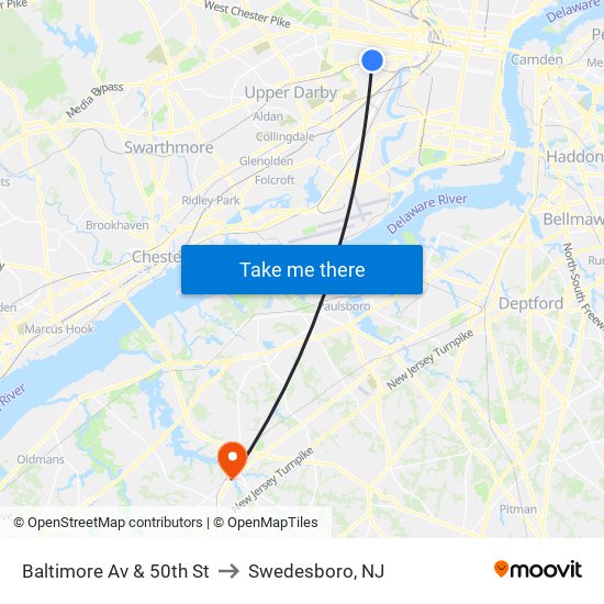 Baltimore Av & 50th St to Swedesboro, NJ map