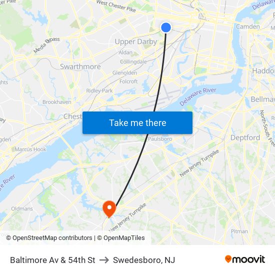 Baltimore Av & 54th St to Swedesboro, NJ map