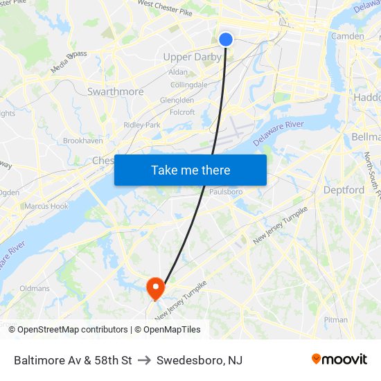 Baltimore Av & 58th St to Swedesboro, NJ map