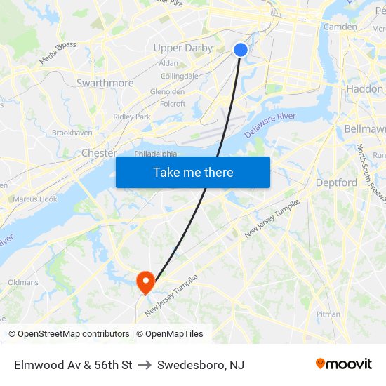 Elmwood Av & 56th St to Swedesboro, NJ map