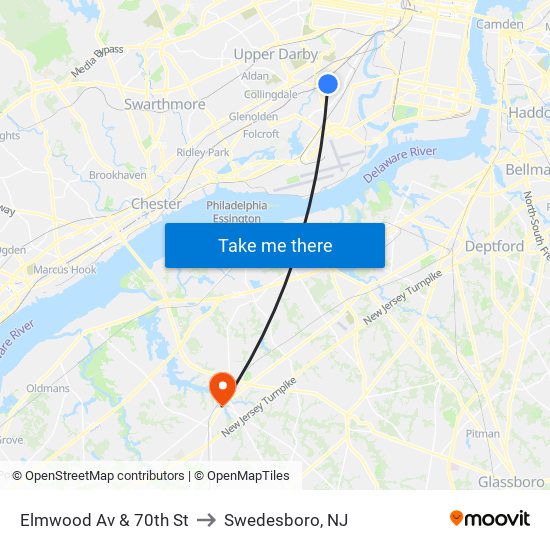 Elmwood Av & 70th St to Swedesboro, NJ map