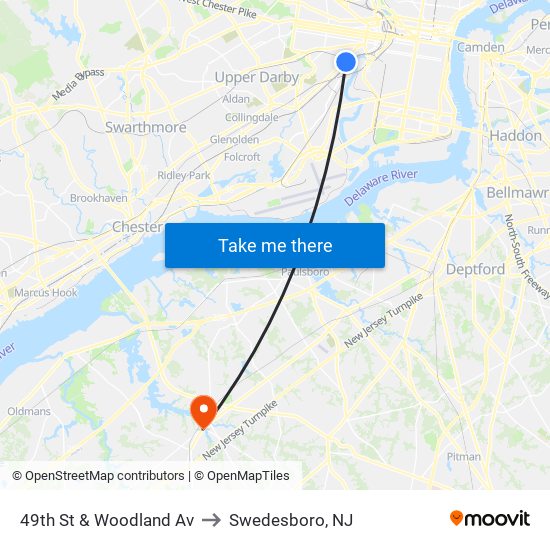 49th St & Woodland Av to Swedesboro, NJ map