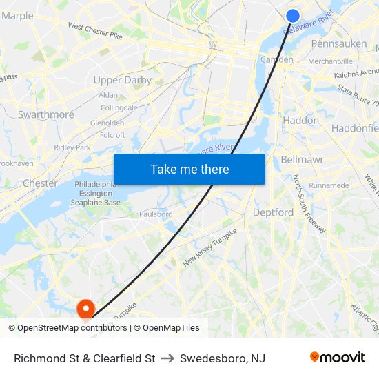 Richmond St & Clearfield St to Swedesboro, NJ map