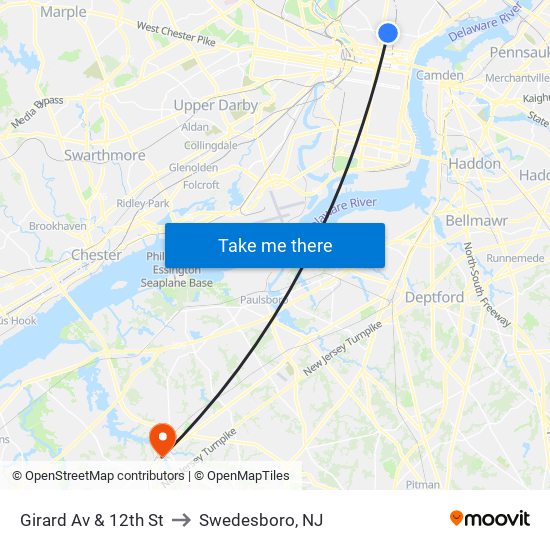 Girard Av & 12th St to Swedesboro, NJ map