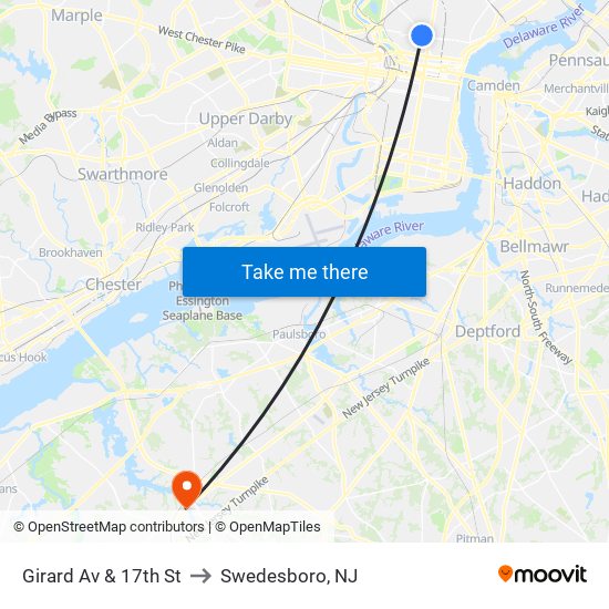 Girard Av & 17th St to Swedesboro, NJ map