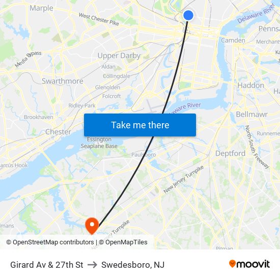Girard Av & 27th St to Swedesboro, NJ map
