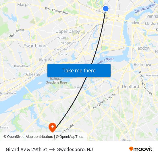 Girard Av & 29th St to Swedesboro, NJ map