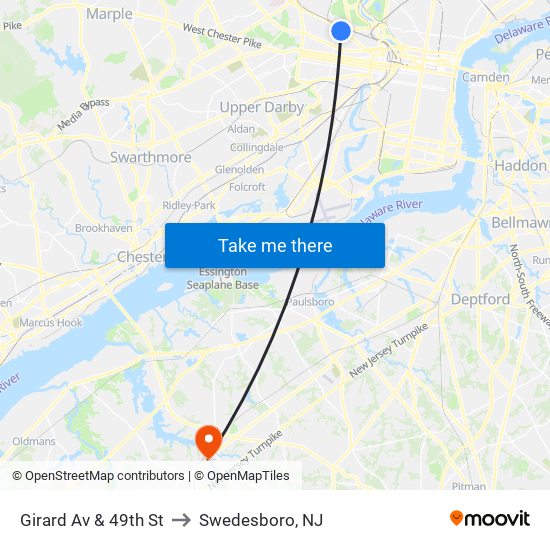 Girard Av & 49th St to Swedesboro, NJ map